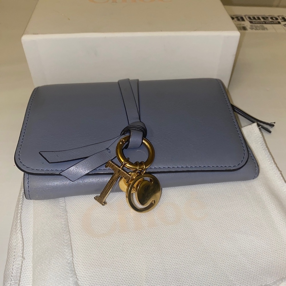 Chloe Smoky Blue Calfskin Continental Alphabet Wallet with gold chain included